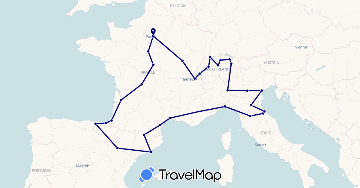 TravelMap itinerary: driving in Andorra, Switzerland, Spain, France, Italy, Liechtenstein (Europe)